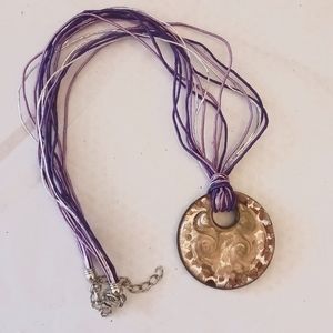 Necklace large pendant multi-srand 11"-14"silver. Purple brown. Pre-loved